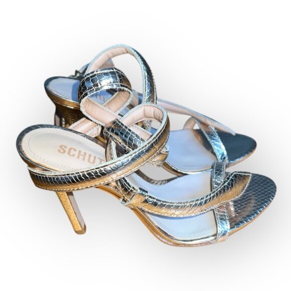 NWT Schultz COURTNEY Metallic Gold Leather snake print peep shoes heels pumps 7B - Picture 8 of 9